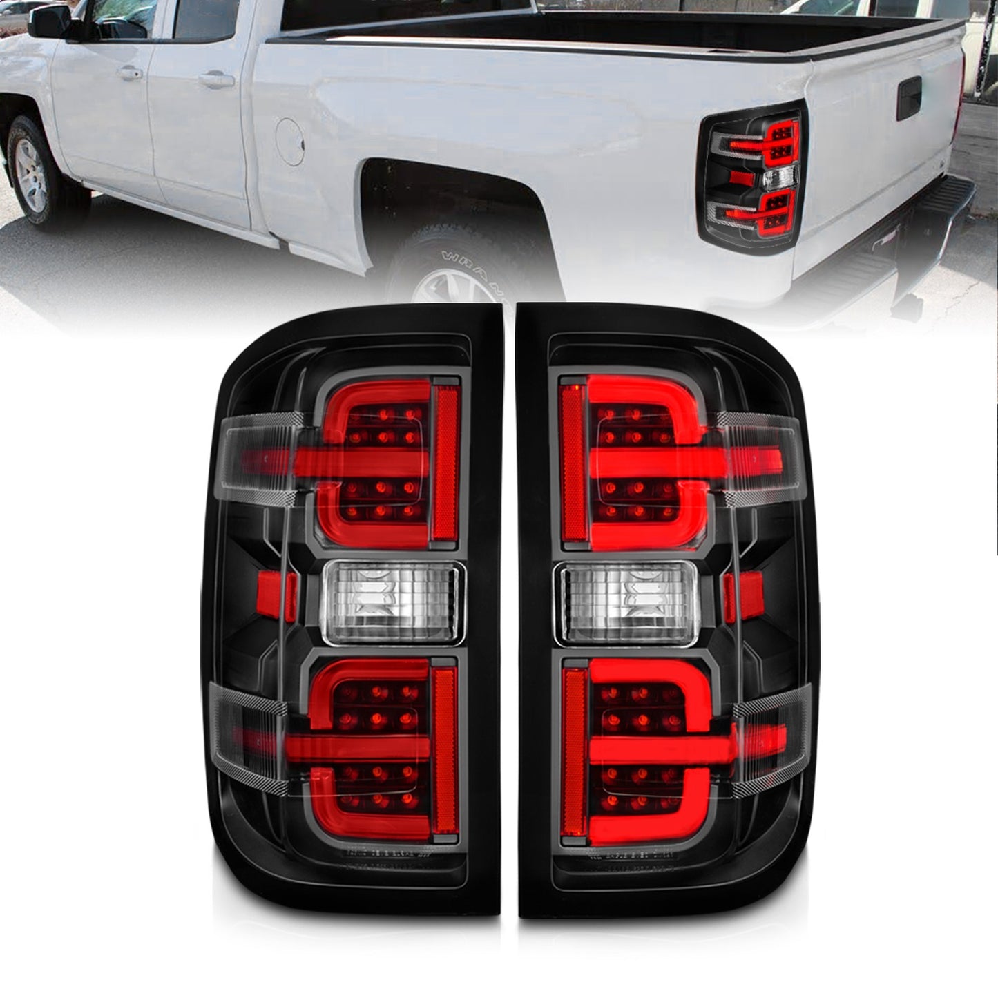 Anzo USA | LED Tail Light Assembly LED Clear Lens Black Housing w/Light Bar Pair | Fits Silverado 1500 | 311425