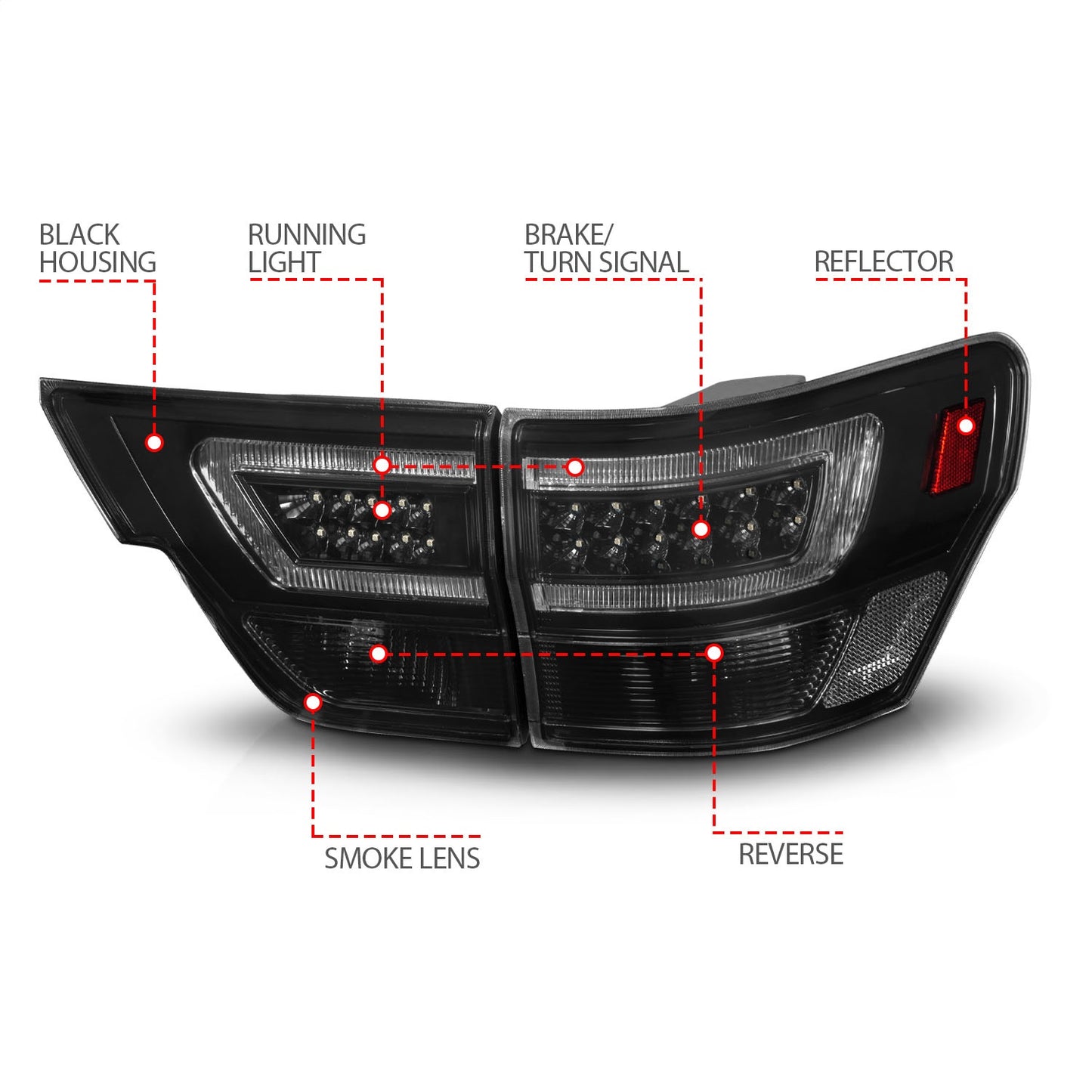 Anzo USA | LED Tail Light Assembly LED Smoke Lens Black Housing w/Light Bar 4 Pcs. | Fits Grand Cherokee | 311440