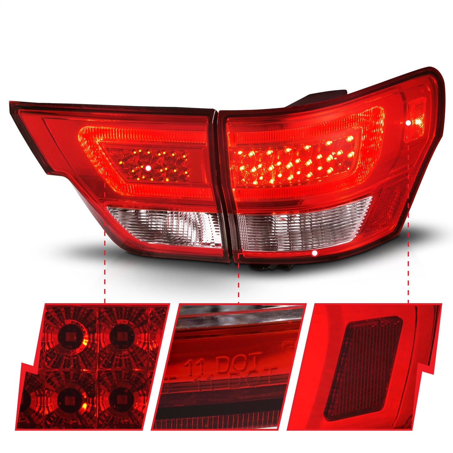 Anzo USA | LED Tail Light Assembly LED Red/Clear Lens Chrome Housing w/Light Bar 4 Pcs. | Fits Grand Cherokee | 311442
