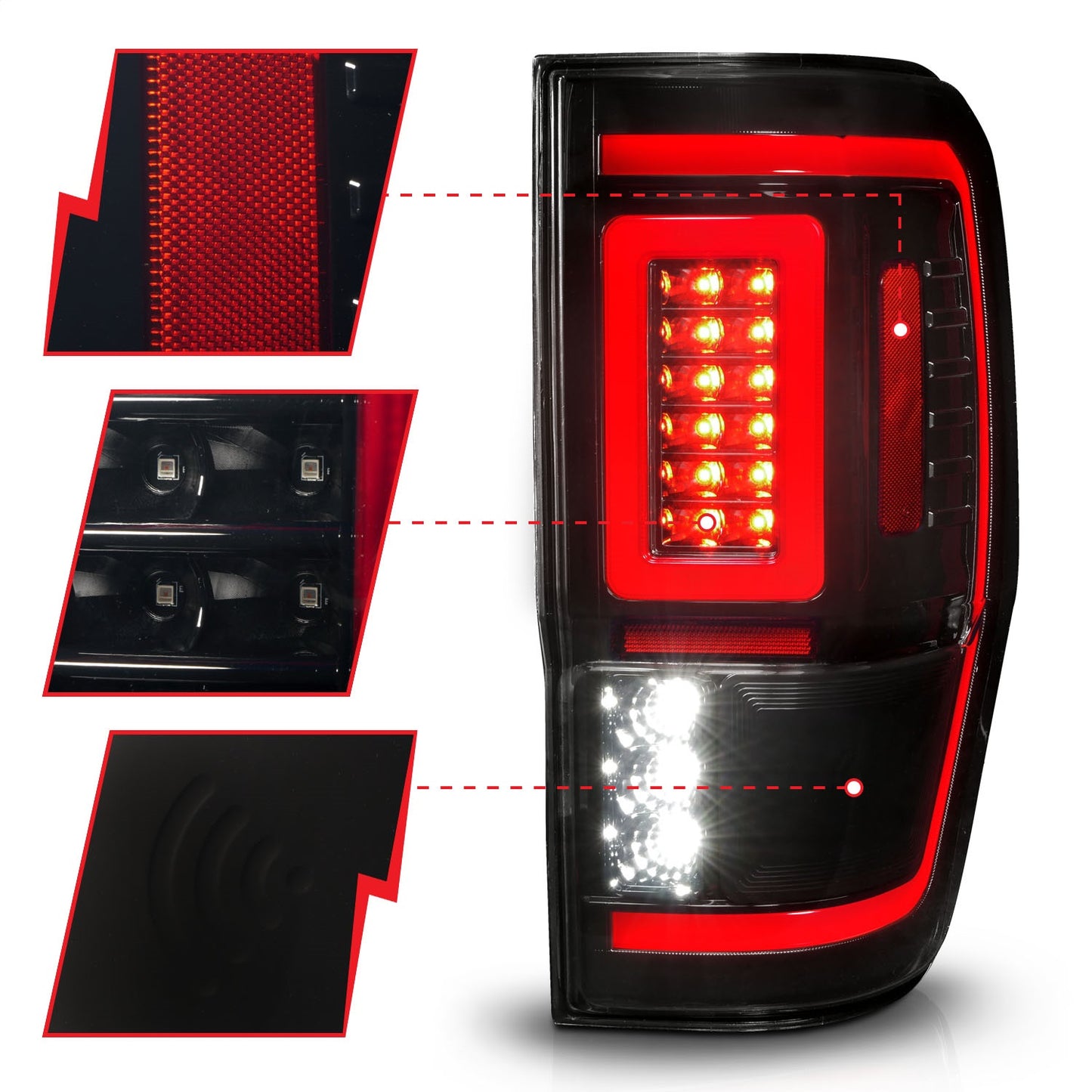Anzo USA | LED Tail Light Assembly LED Smoke Lens Black Housing w/Light Bar Pair | Fits Ranger | 311447