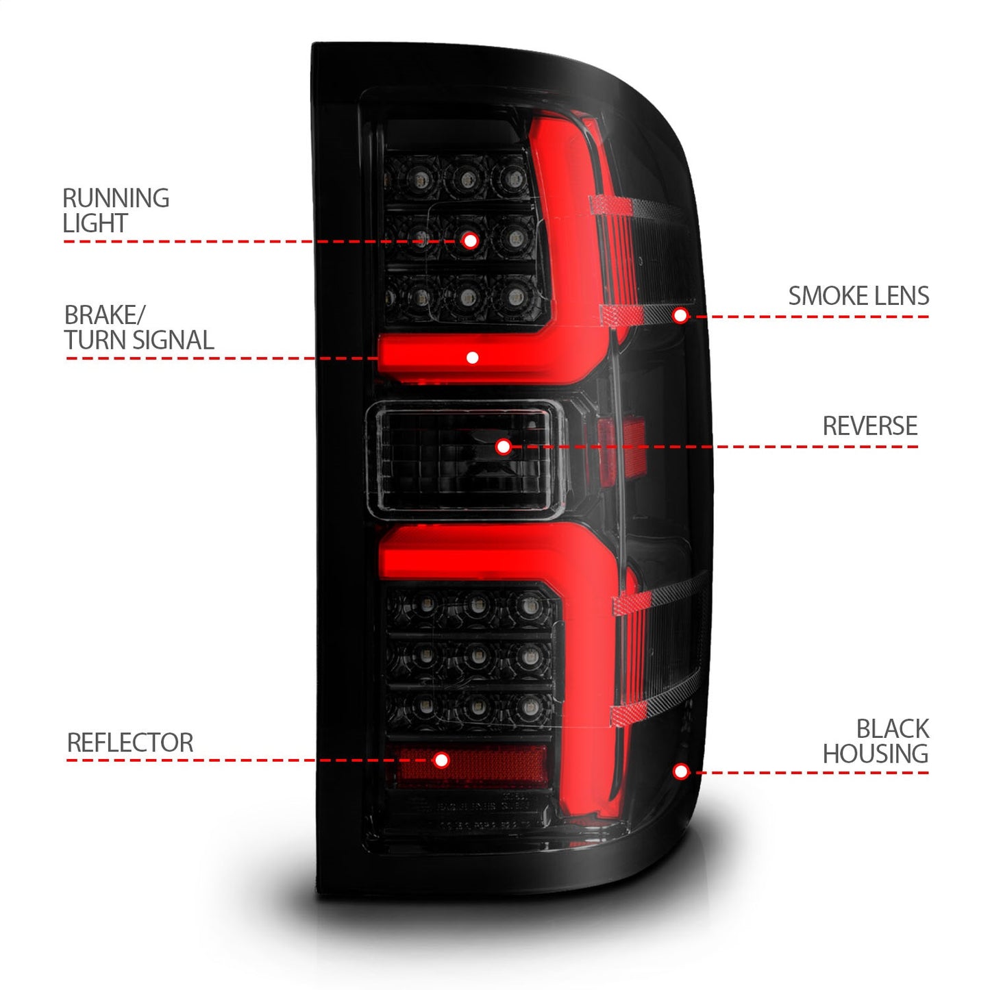 Anzo USA | LED Tail Light Assembly LED Smoke Lens Black Housing w/Light Bar Pair | Fits Silverado 1500 | 311451