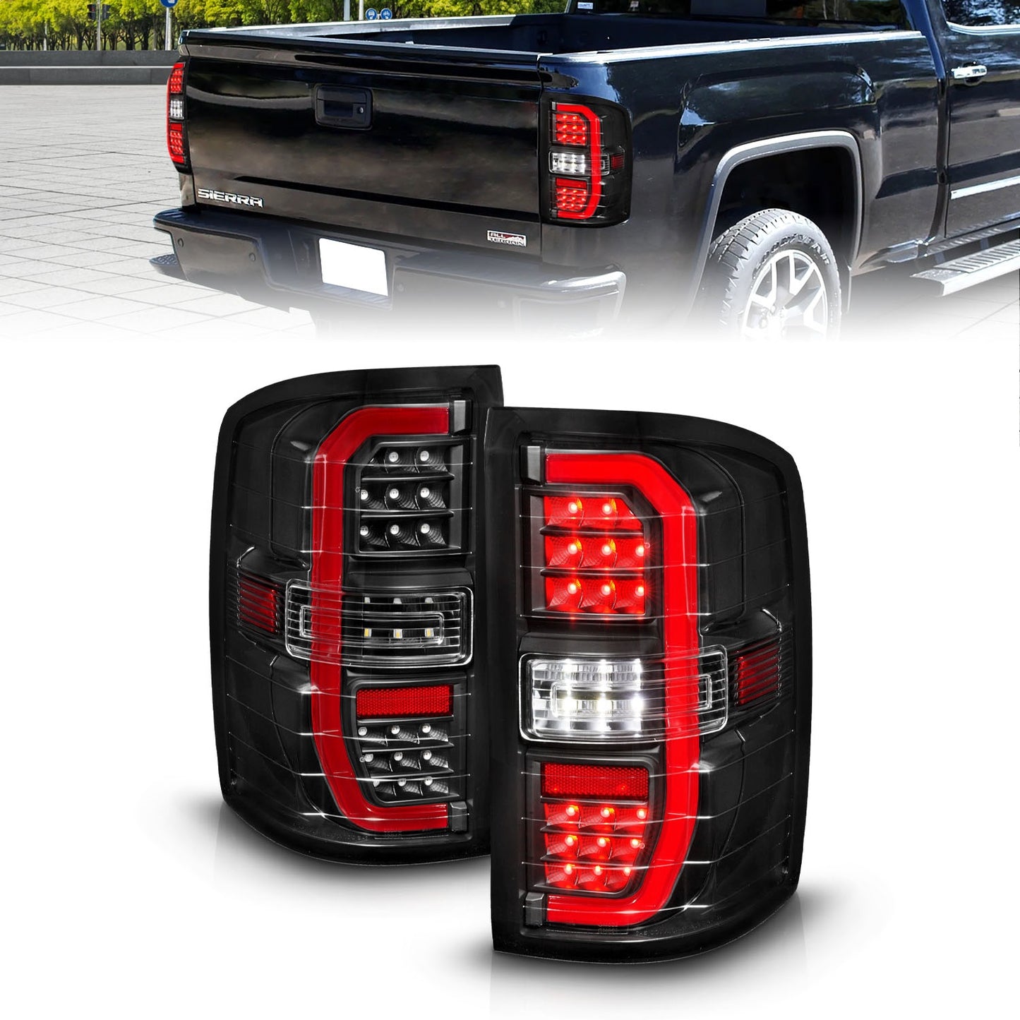 Anzo USA | LED Tail Light Assembly LED Clear Lens Black Housing w/Sequential Signal w/C-Light Bar Pair | Fits Sierra 1500 | 311464