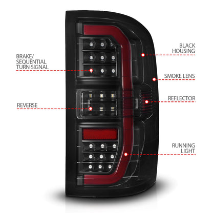 Anzo USA | LED Tail Light Assembly LED Smoke Lens Black Housing w/Sequential Signal w/C-Light Bar Pair | Fits Sierra 1500 | 311465