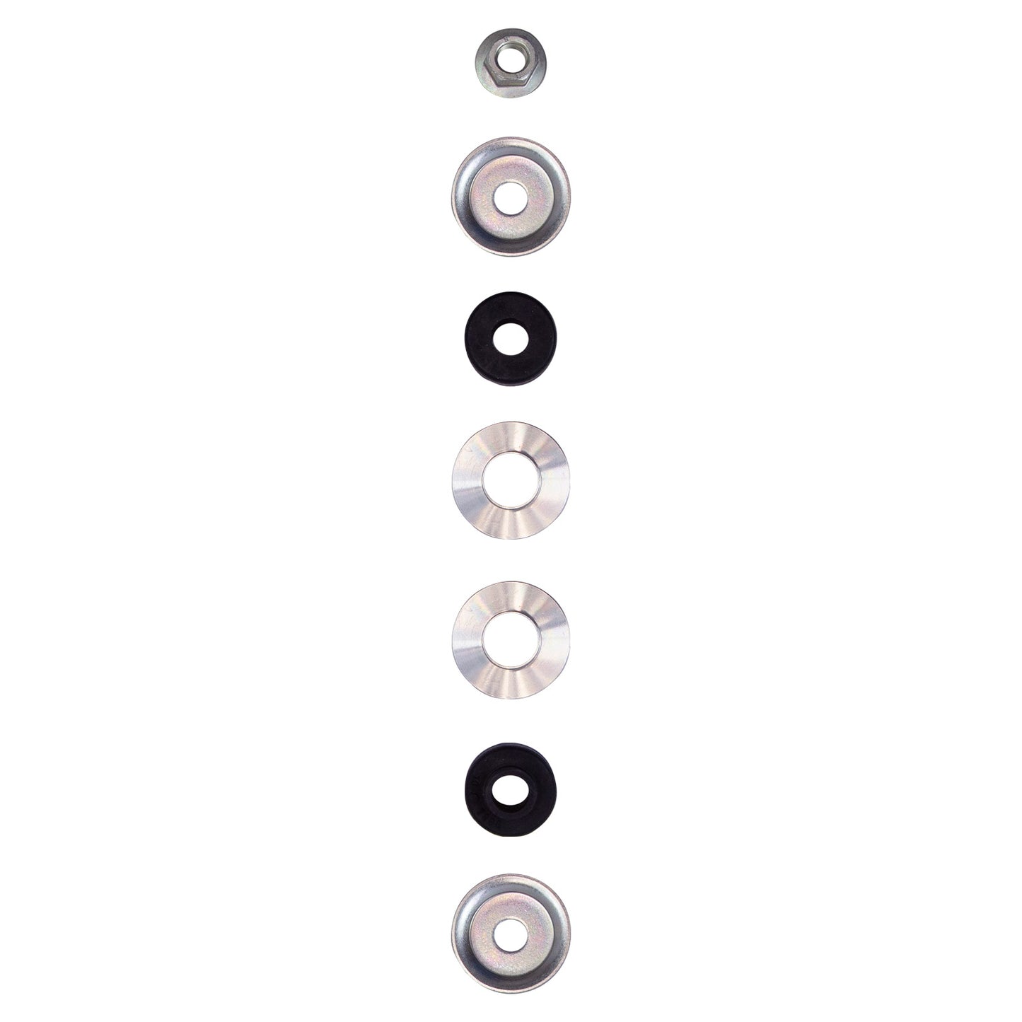 Various metal and rubber washers and nuts arranged vertically, used in automotive suspension systems.