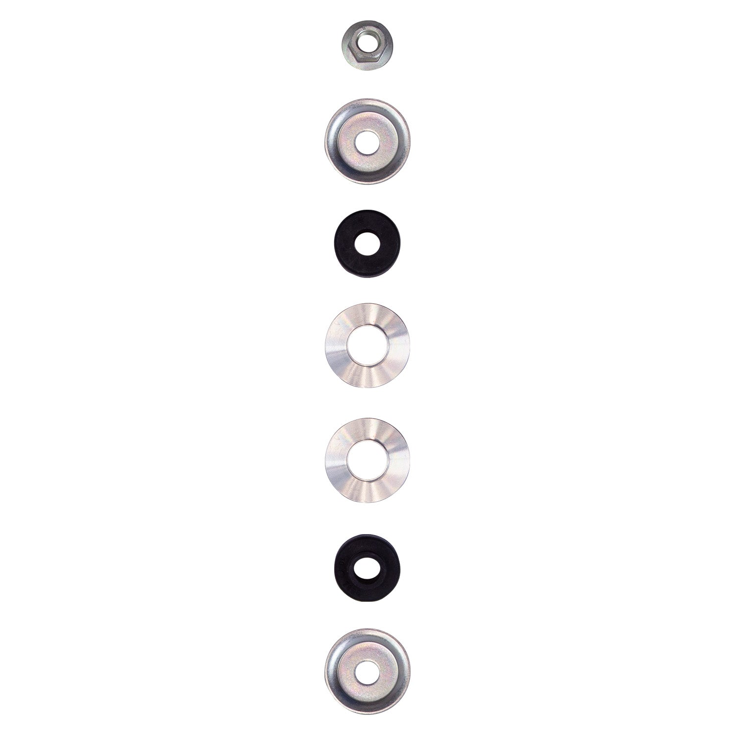 Various metal and rubber washers and nuts arranged vertically, used in automotive suspension systems.