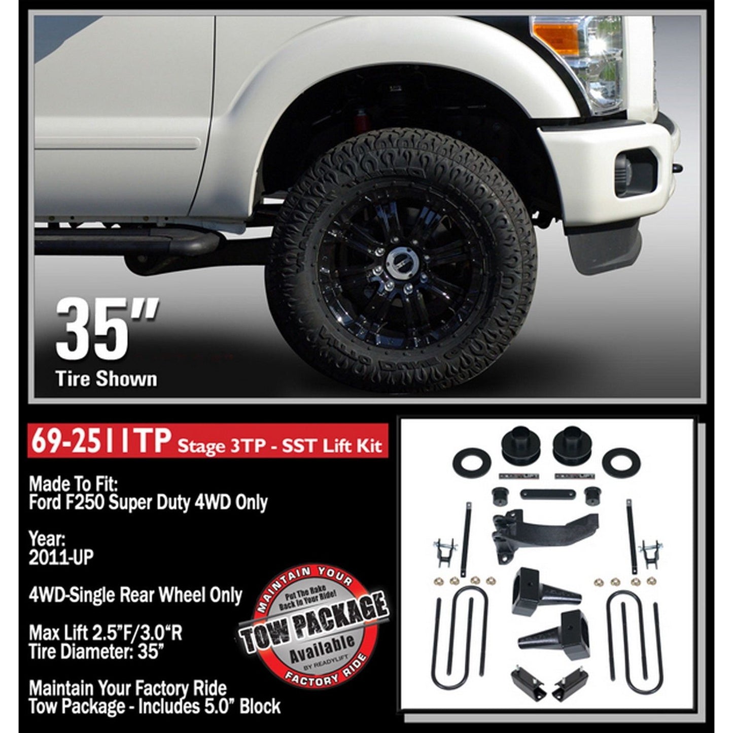 ReadyLIFT 2.5'' SST Lift Kit with 5'' Rear Flat Blocks for 2 Piece Drive Shaft without Shocks (F250/F350/F450) 69-2511TP