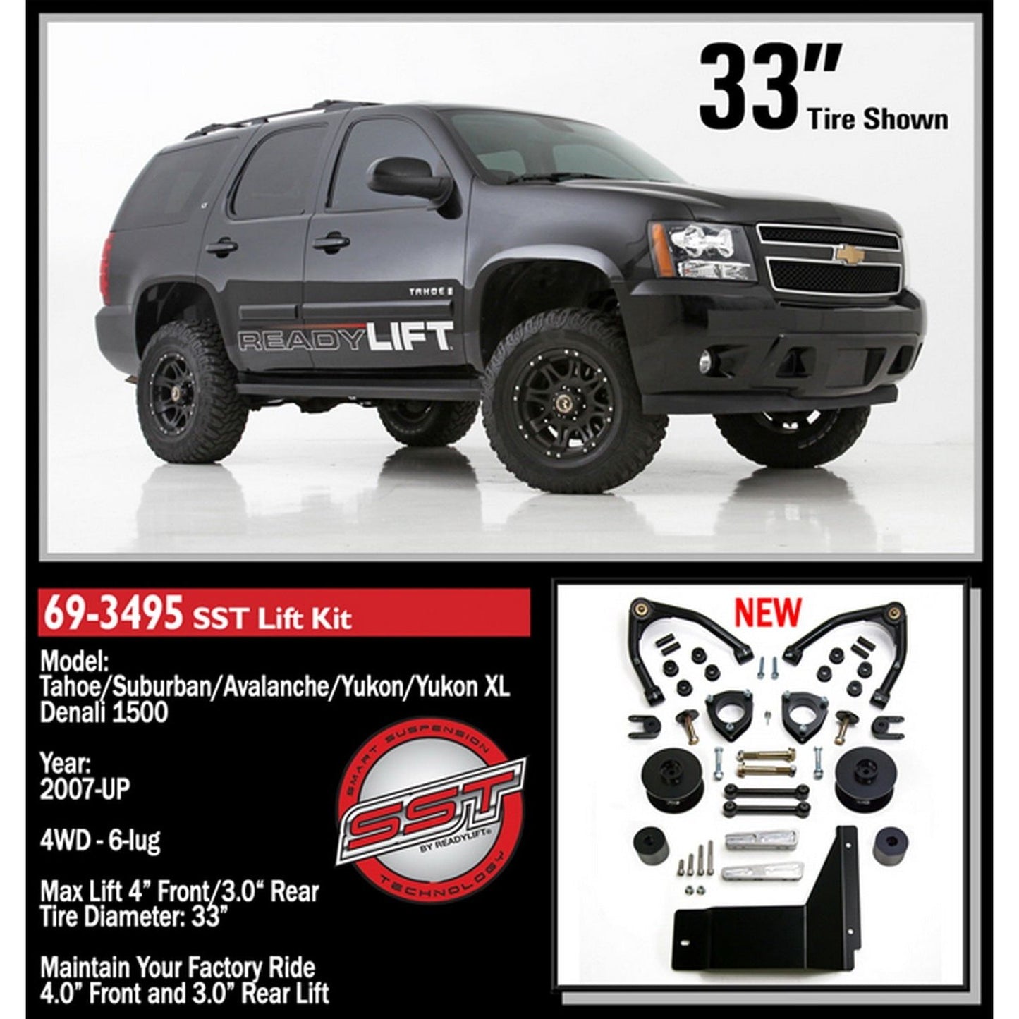 ReadyLIFT 4'' SST Lift Kit with 3'' Rear Spacer Upper Control Arms for Factory Steel OE Upper Control Arms without Shocks (Tahoe/Suburban/Yukon  Xl) 69-3495