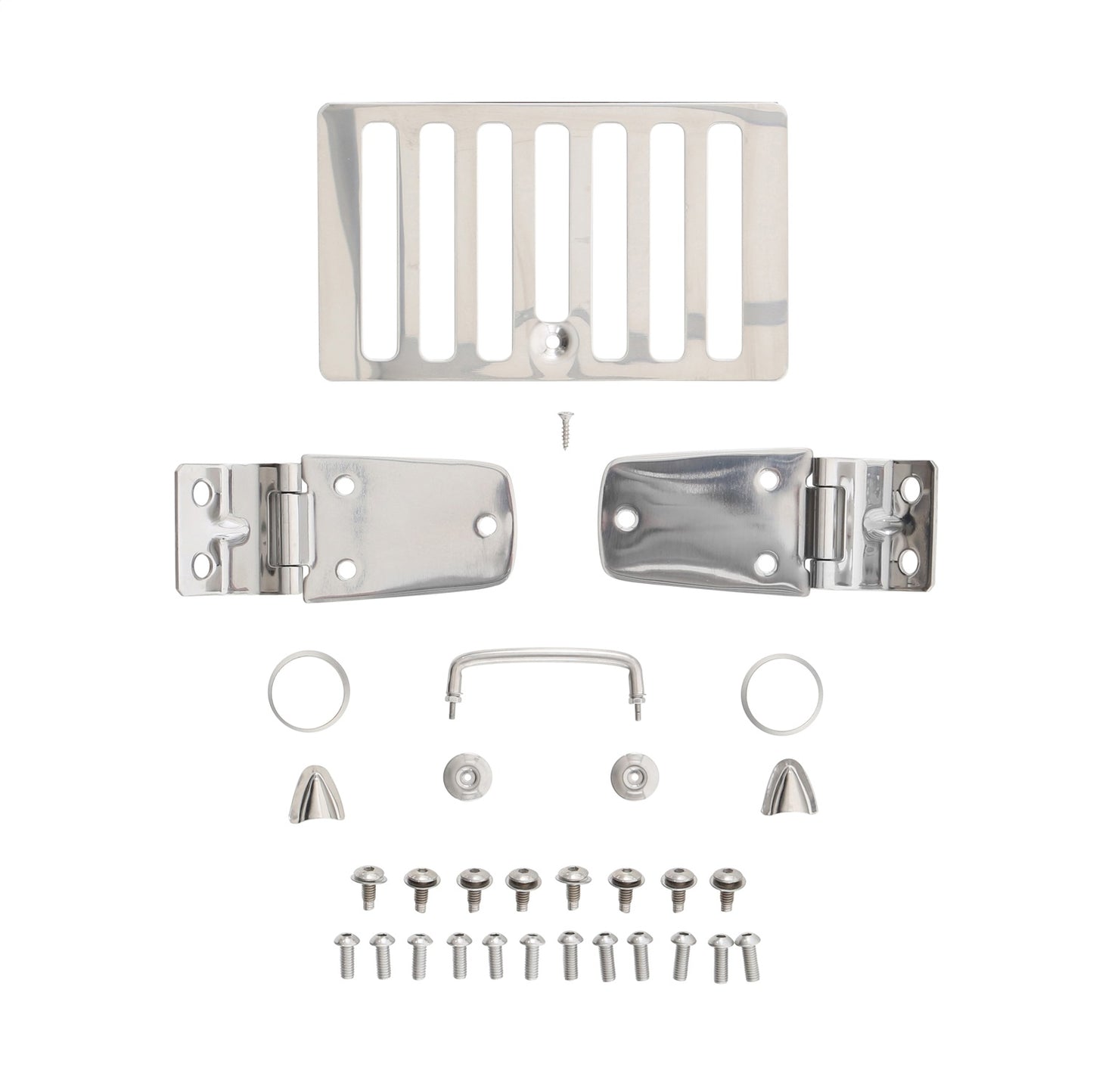 Smittybilt Complete Hood Kit Incl. Hood Hinges Windshield Tie Down Kit Hood Vent Footman Loop Stainless Steel No Drilling Installation I 7465