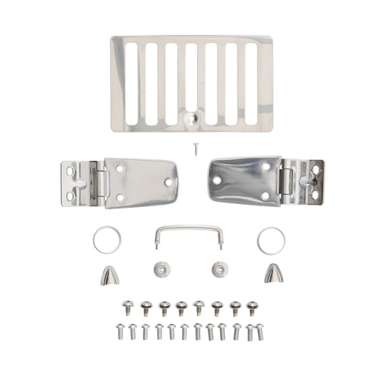 Smittybilt Complete Hood Kit Incl. Hood Hinges Windshield Tie Down Kit Hood Vent Footman Loop Stainless Steel No Drilling Installation I 7465