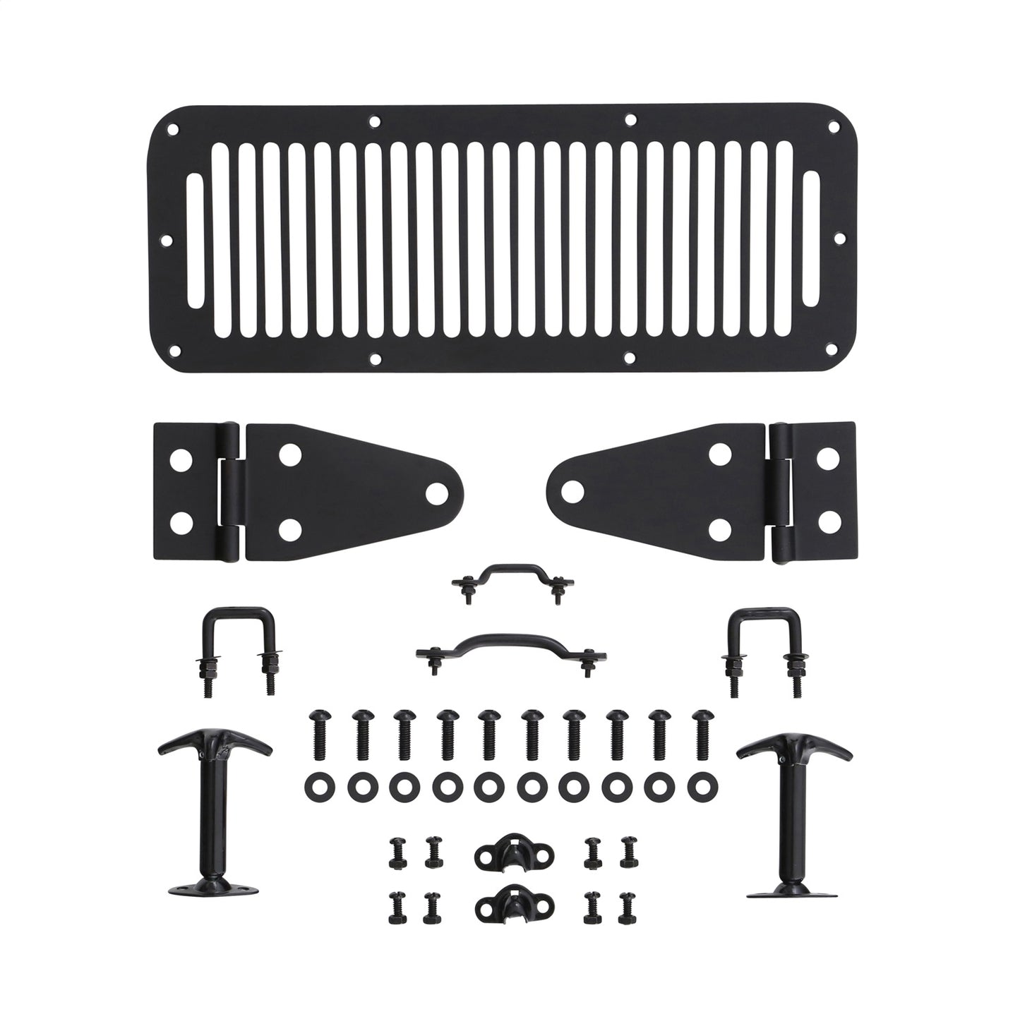 Smittybilt Complete Hood Kit Incl. Hood Hinges Windshield Tie Down Kit Hood Vent Footman Loop Hood Catches Black No Drilling Installation I 7699