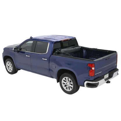 BESTOP | Supertop Truck Bed Cap 2 For Chevy/GMC 2019-2024 Silverado/Sierra 1500 Exc 19 Classic 6.5 Foot Black Diamond PVC Coated Sailcloth No Drill Bestop | 77319-35 installed on blue truck.