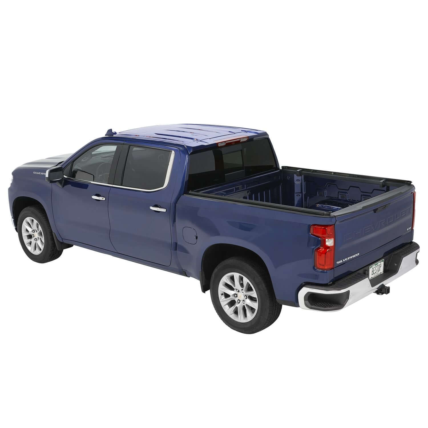 BESTOP | Supertop Truck Bed Cap 2 For Chevy/GMC 2019-2024 Silverado/Sierra 1500 Exc 19 Classic 6.5 Foot Black Diamond PVC Coated Sailcloth No Drill Bestop | 77319-35 on blue truck.