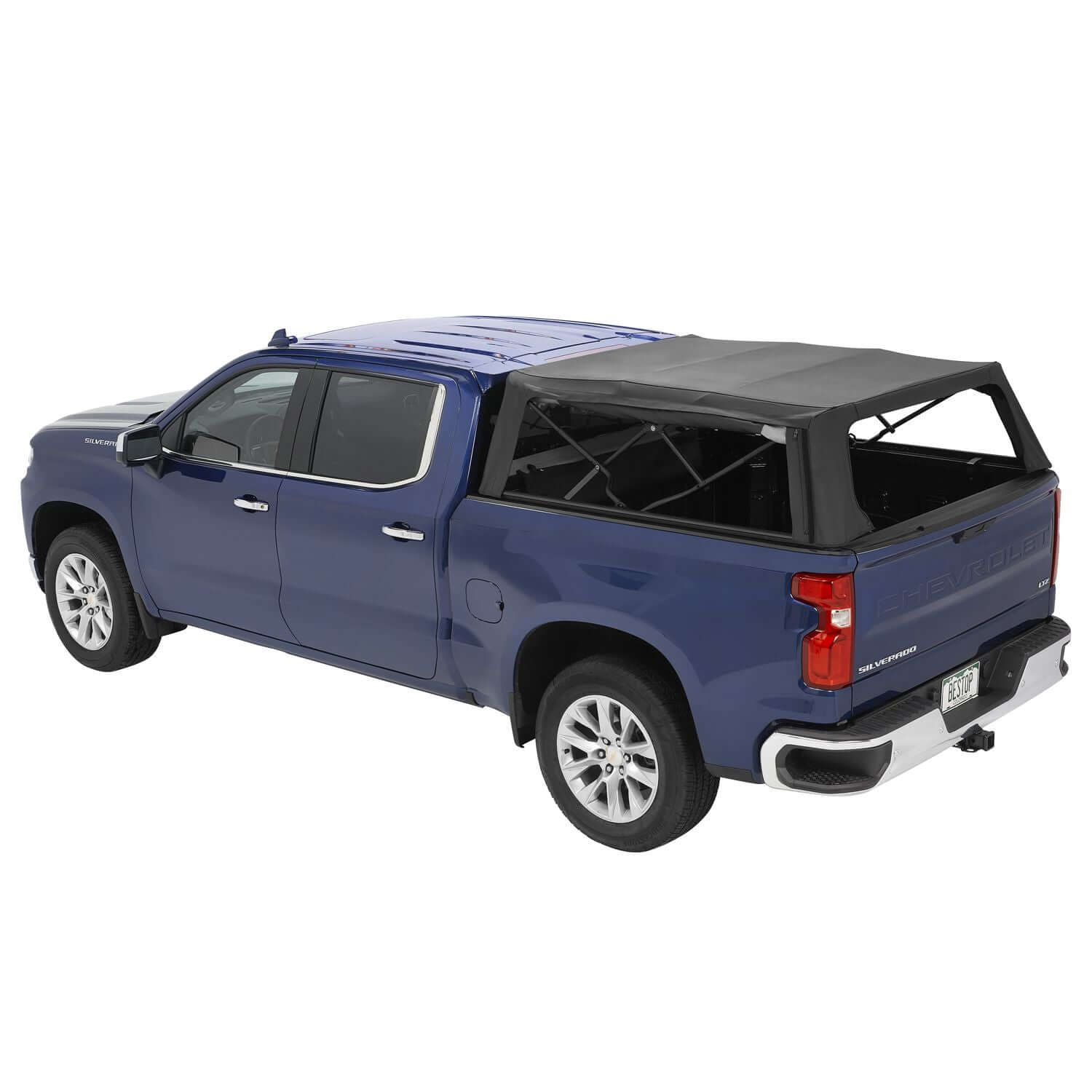 BESTOP | Supertop Truck Bed Cap 2 For Chevy/GMC 2019-2024 Silverado/Sierra 1500 Exc 19 Classic 6.5 Foot Black Diamond PVC Coated Sailcloth No Drill Bestop | 77319-35 installed on blue truck