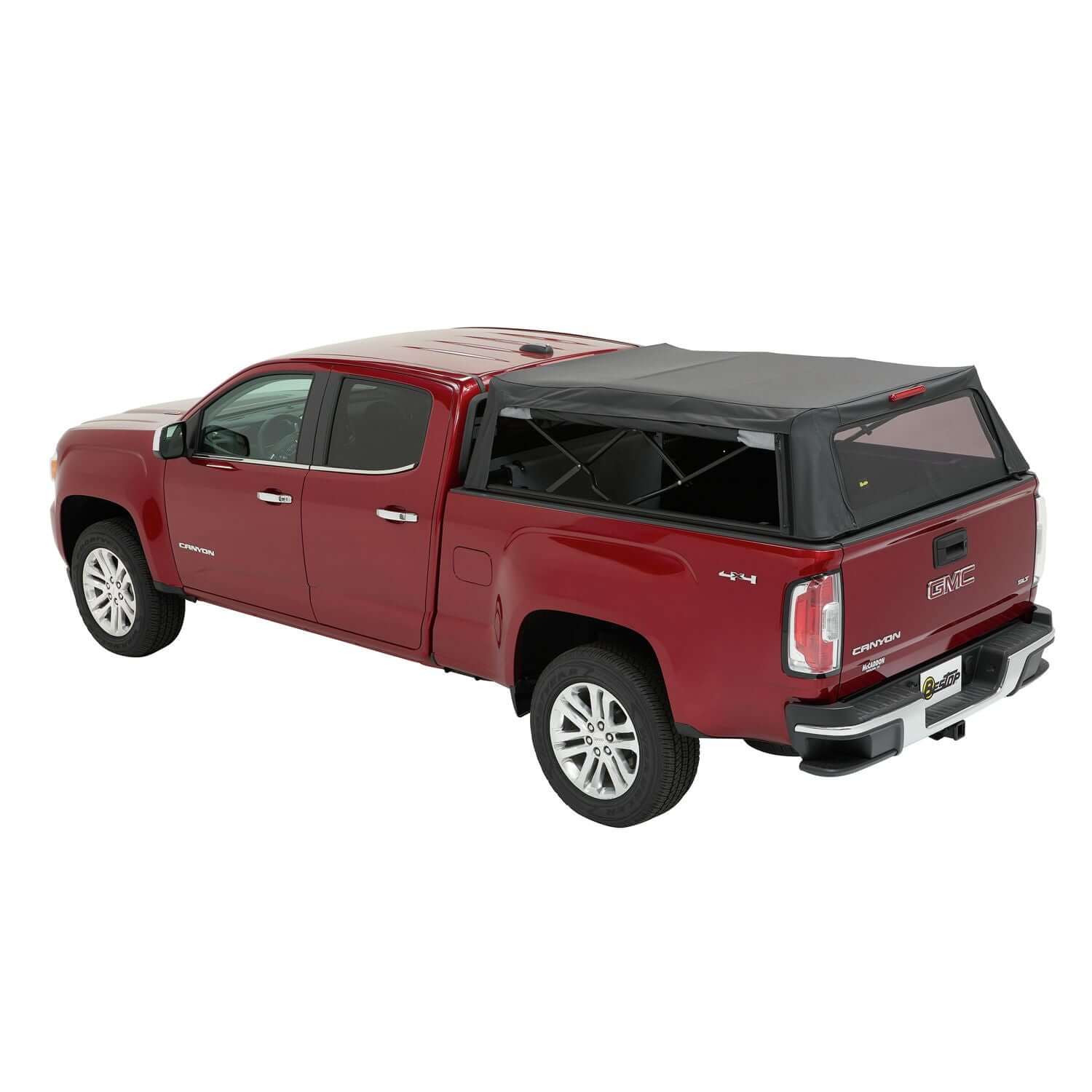 BESTOP | Supertop Truck Bed Cap 2 For Chevy/GMC 2015-2024 Colorado/Canyon 5.0 Foot Black Diamond PVC Coated Sailcloth No Drill Bestop | 77323-35 on red truck.
