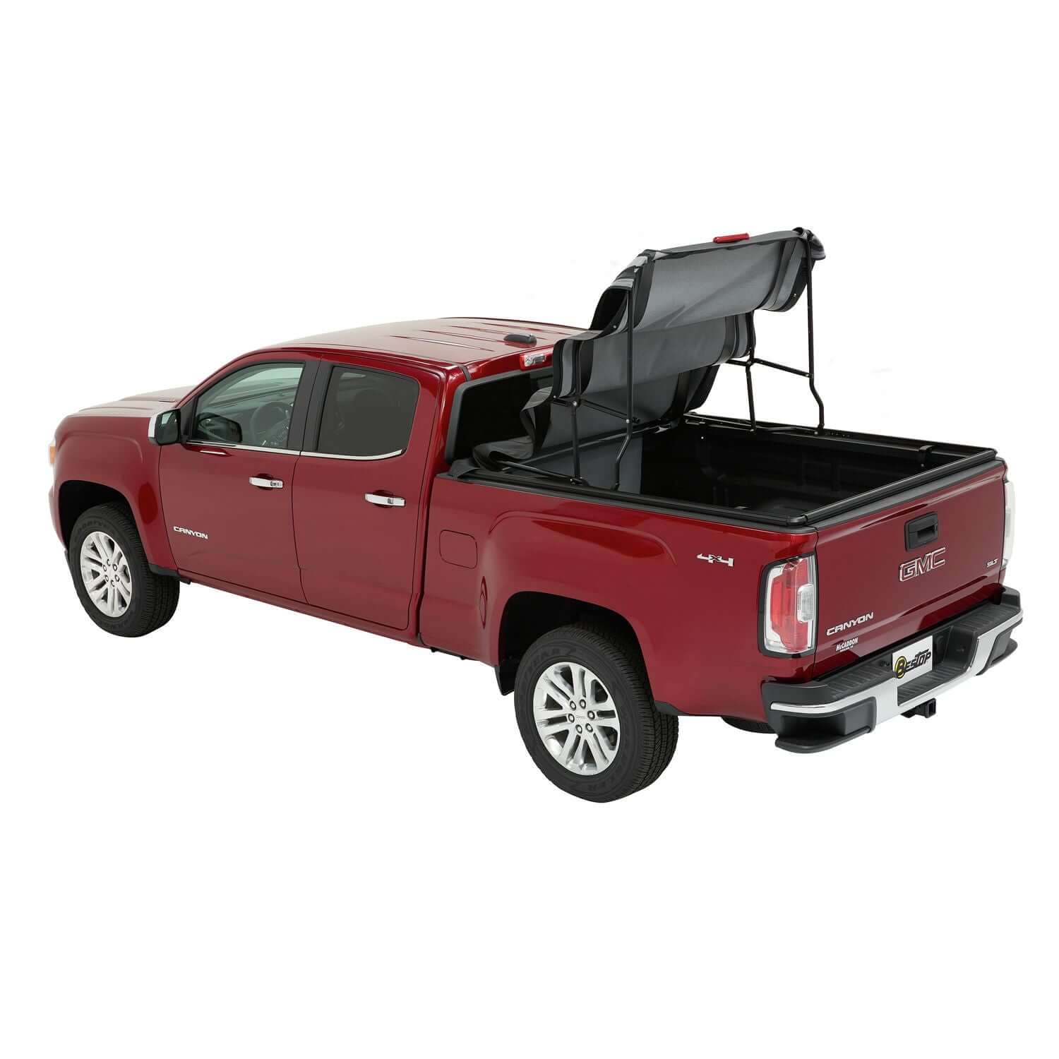 BESTOP | Supertop Truck Bed Cap 2 For Chevy/GMC 2015-2024 Colorado/Canyon 5.0 Foot Black Diamond PVC Coated Sailcloth No Drill Bestop | 77323-35 on red truck