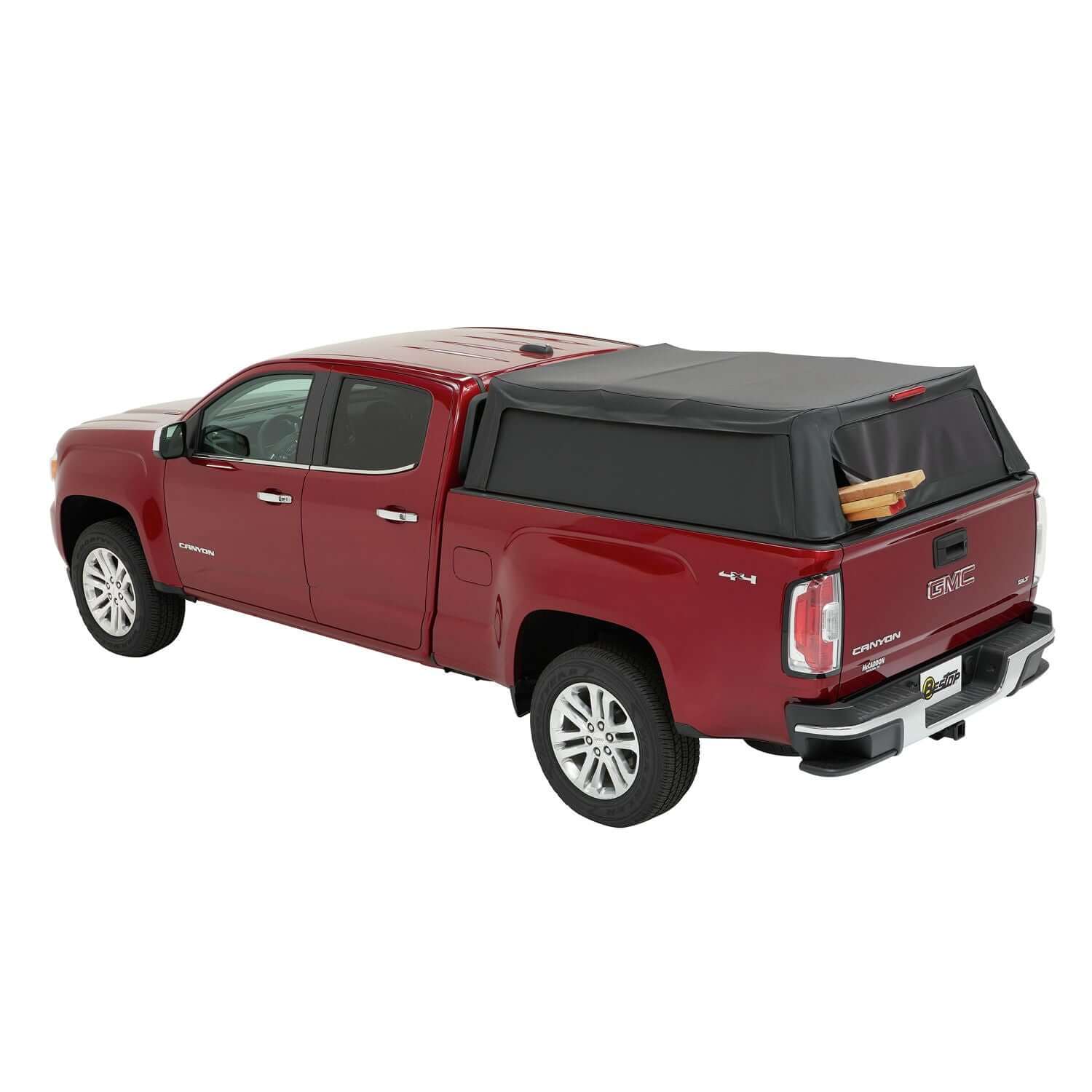 BESTOP | Supertop Truck Bed Cap 2 For Chevy/GMC 2015-2024 Colorado/Canyon 5.0 Foot Black Diamond PVC Coated Sailcloth No Drill Bestop | 77323-35 on a red truck.