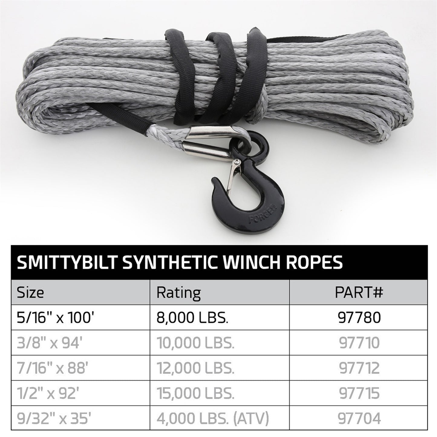 Smittybilt XRC Synthetic Winch Rope 11/32in. X 100ft. 8000lb. Rating I 97780