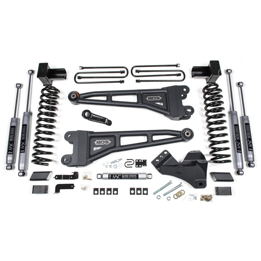 BDS Suspension | 4 Inch Lift Kit w/ Radius Arm Ford F250/F350 Super Duty 17-19 4WD Diesel 5 Inch Block 2 Leaf Main Fox 2.0 Performance shocks | BDS1520FS