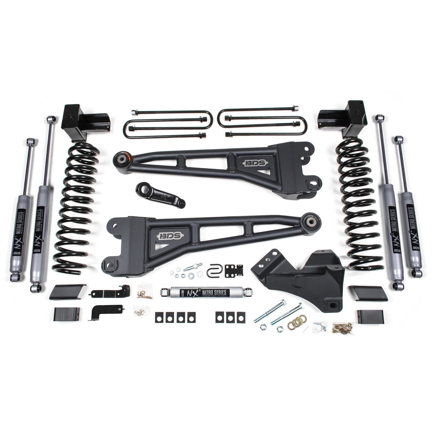 BDS Suspension | 4 Inch Lift Kit w/ Radius Arm Ford F250/F350 Super Duty 17-19 4WD Gas 5 Inch Block 2 Leaf Main Fox 2.0 Performance Shocks | BDS1521FS