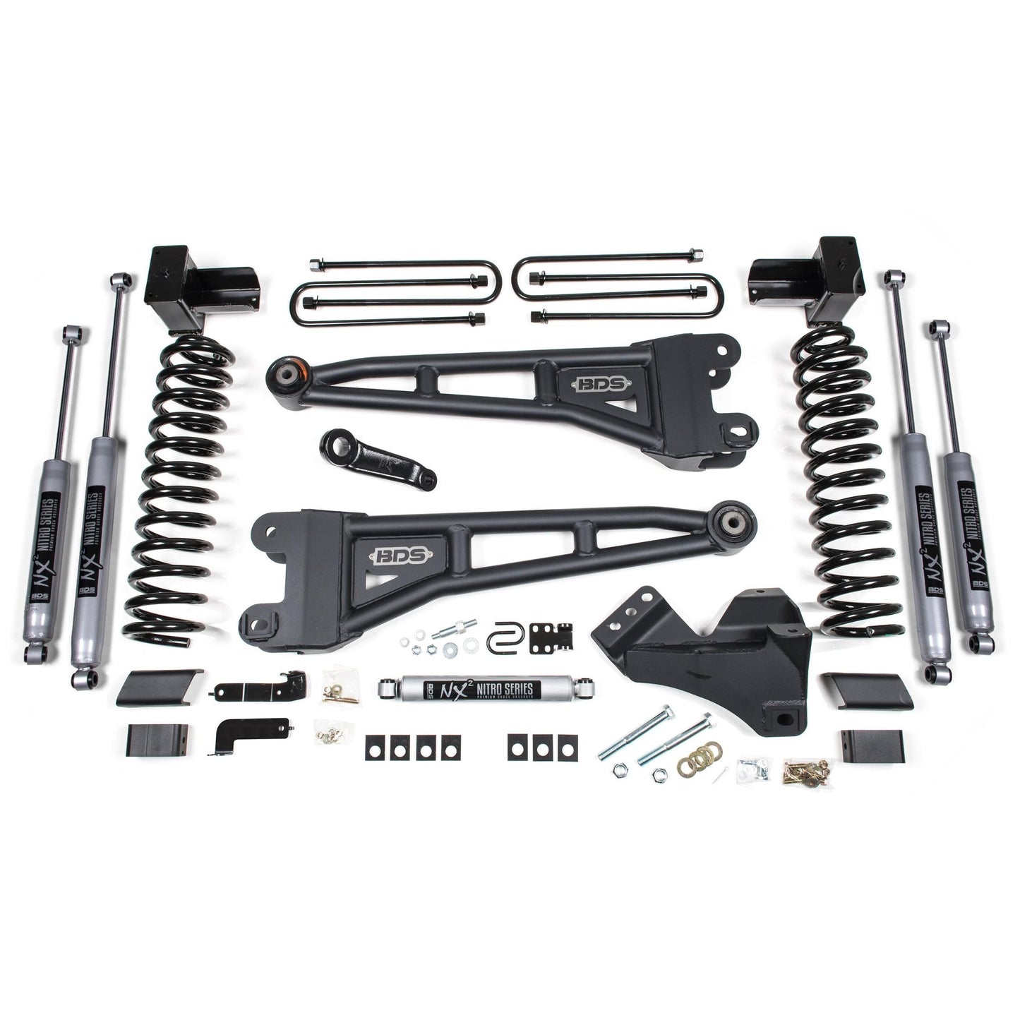 BDS Suspension | 4 Inch Lift Kit w/ Radius Arm Ford F250/F350 Super Duty 17-19 4WD Gas 5 Inch Block 3 Leaf Main NX2 Nitro Shocks | BDS1525H