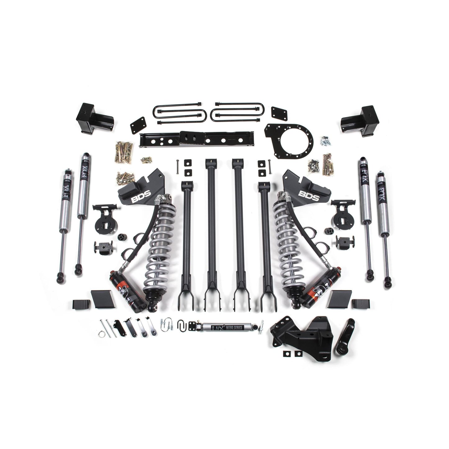 BDS Suspension |  2017-2019 Ford F250/F350 4WD 6 Inch 4-Link Suspension Lift Kit 4 Inch Rear Block Diesel 2 Leaf Main Fox 2.5 PES C/O Front Fox 2.0 Performance Shocks Aux Front Fox 2.0 IFP PS Rear Block Kit and Add A Leaf | BDS1527FPE