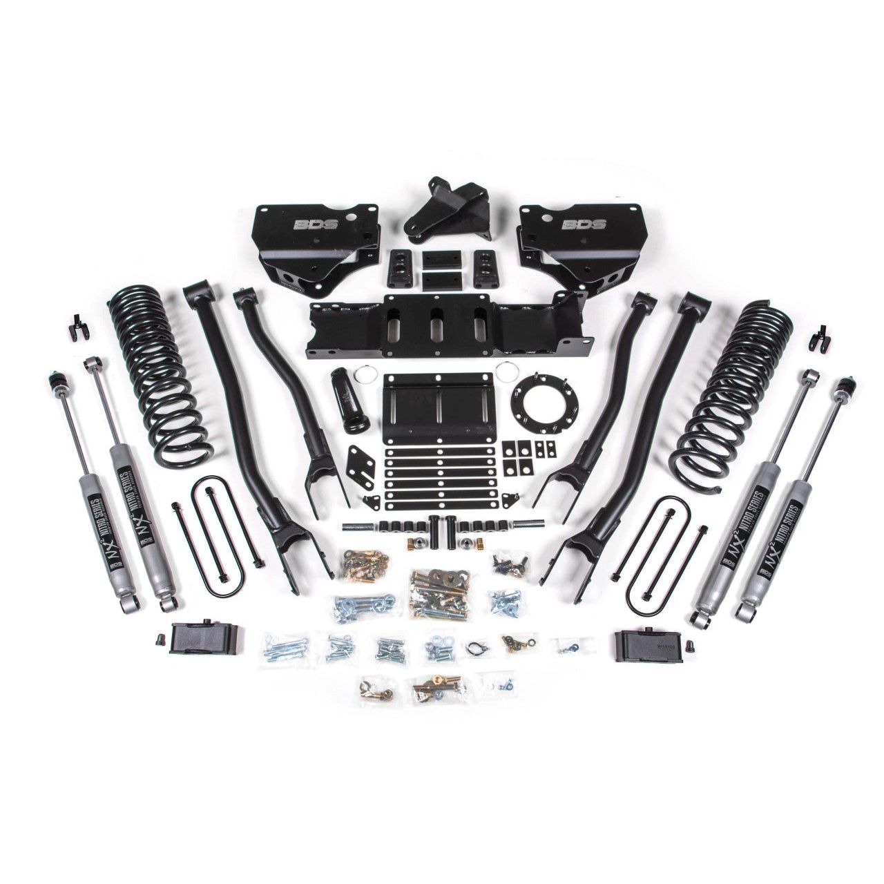 BDS Suspension | 4 Inch Lift Kit w/ 4-Link Ram 3500 19-23 4WD Gas With Factory Rear Overload Leaf Fox 2.0 Performance Shocks | BDS1677FS