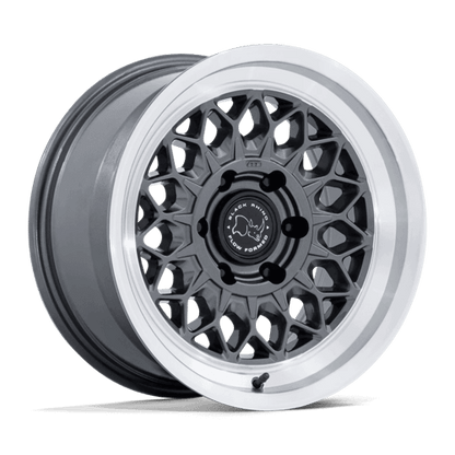 Black Rhino BR034 GRAZ Gloss Gunmetal W/ Machined Lip showing retro mesh design and stepped lip for vintage race look.