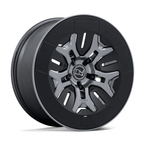 Black Rhino BR406 ROCKLEDGE Matte Gunmetal wheel showcasing a techform five-spoke design and durable forged aluminum construction.