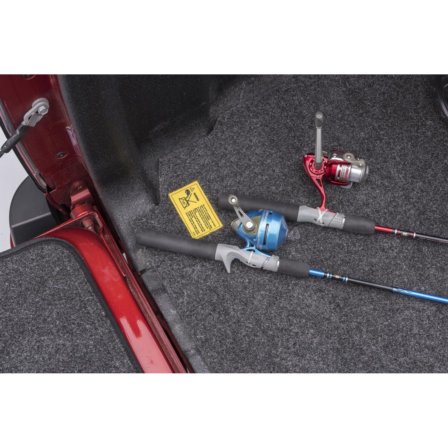 BedRug Bedmat For Spray-In Or No Bedliner 2019-2023 Ford Ranger 6' Bed Truck Bedmat Bed Mat - Charcoal (BMR19SBS) with fishing rods.