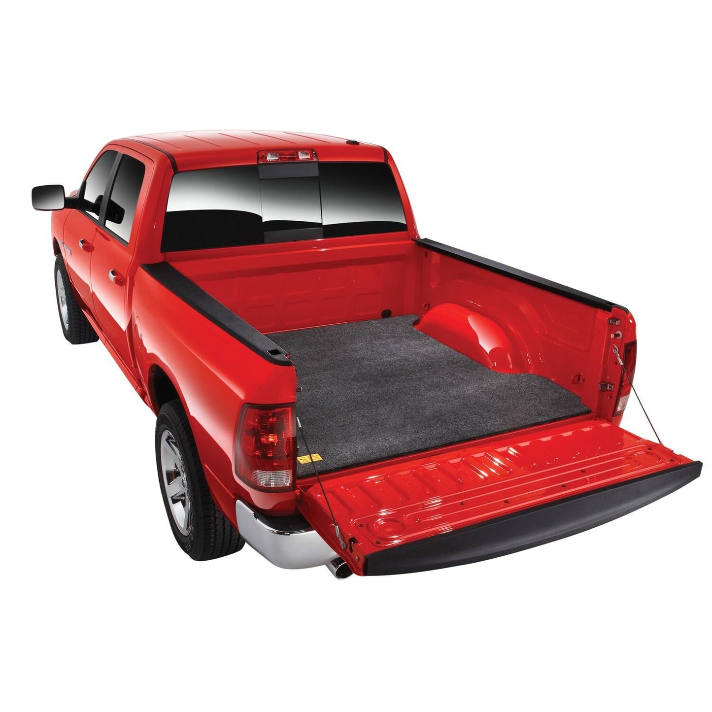 BedRug 02-18 Ram 6'4"1500 3/4 Inch Thick w/o Bed Rail Storage Bed Mat w/o Cargo Channel - Charcoal (BMT02SBS) in a red truck bed.