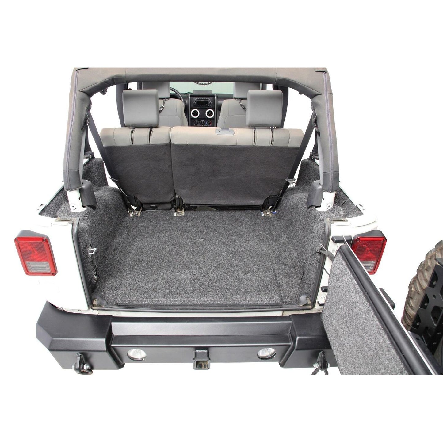BedRug Jeep 07-10 Jeep JK 2Dr Rear 5Pc Cargo Kit - Charcoal (Includes Tailgate & Tub Liner) installed in Jeep trunk.
