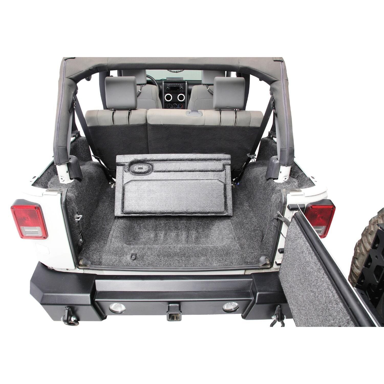 BedRug Jeep 07-10 Jeep JK 2Dr Rear 5Pc Cargo Kit - Charcoal (Includes Tailgate & Tub Liner) Cargo Kit in a Jeep trunk.