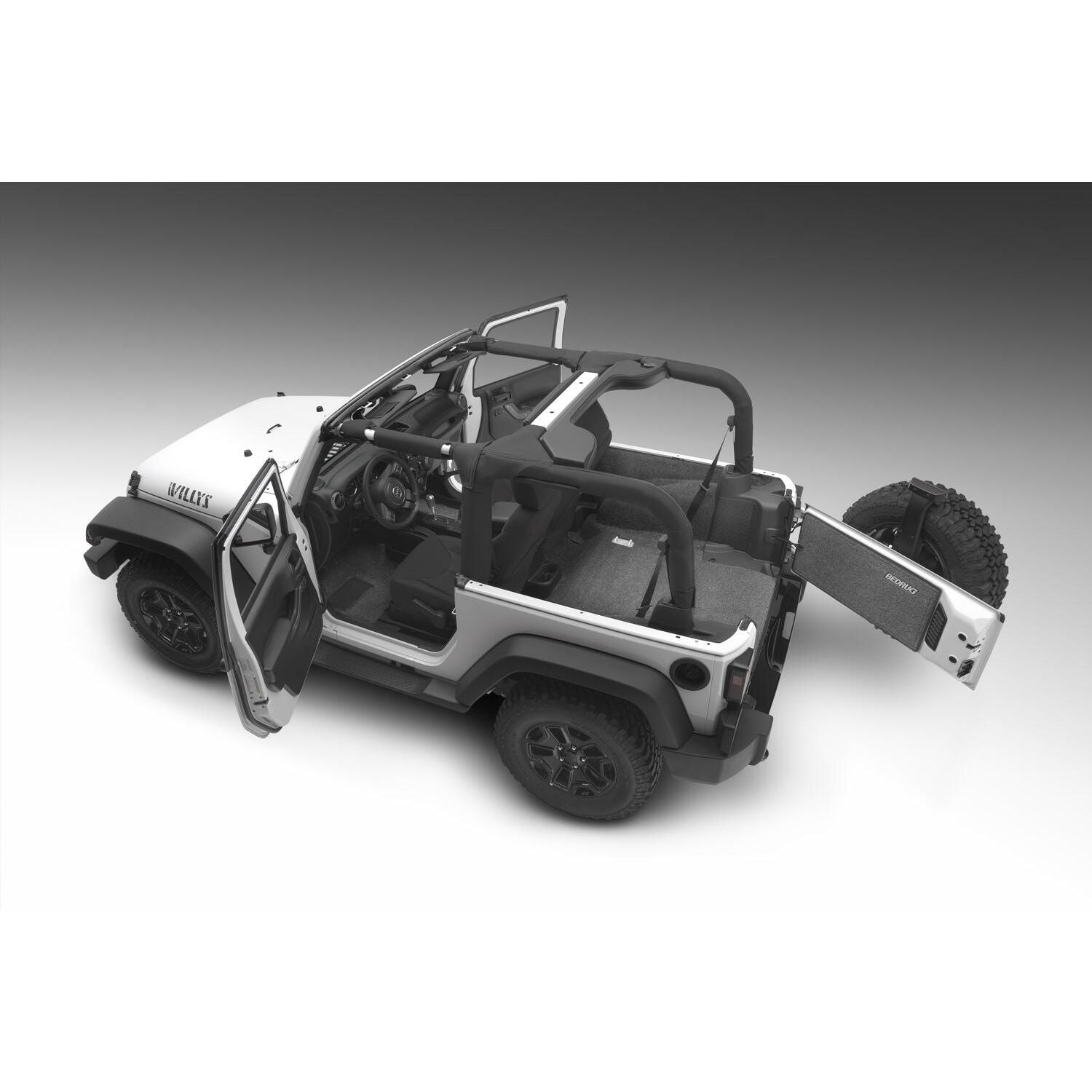 BedRug Jeep 07-10 Jeep JK 2Dr Rear 5Pc Cargo Kit - Charcoal (Includes Tailgate & Tub Liner) Cargo Kit in Jeep interior view.