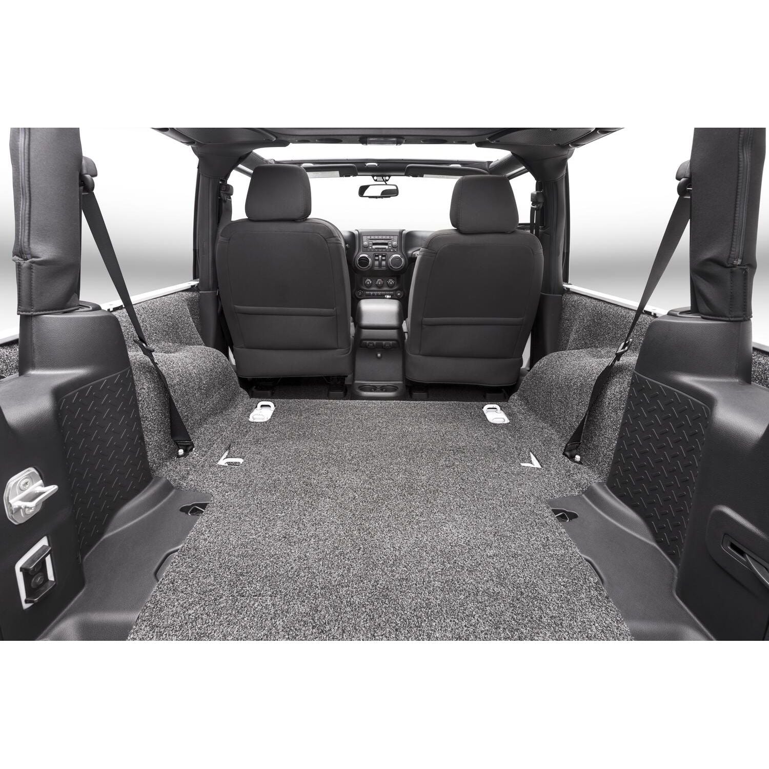 BedRug Jeep 07-10 Jeep JK 2Dr Rear 5Pc Cargo Kit - Charcoal (Includes Tailgate & Tub Liner) Cargo Kit installed in Jeep interior.