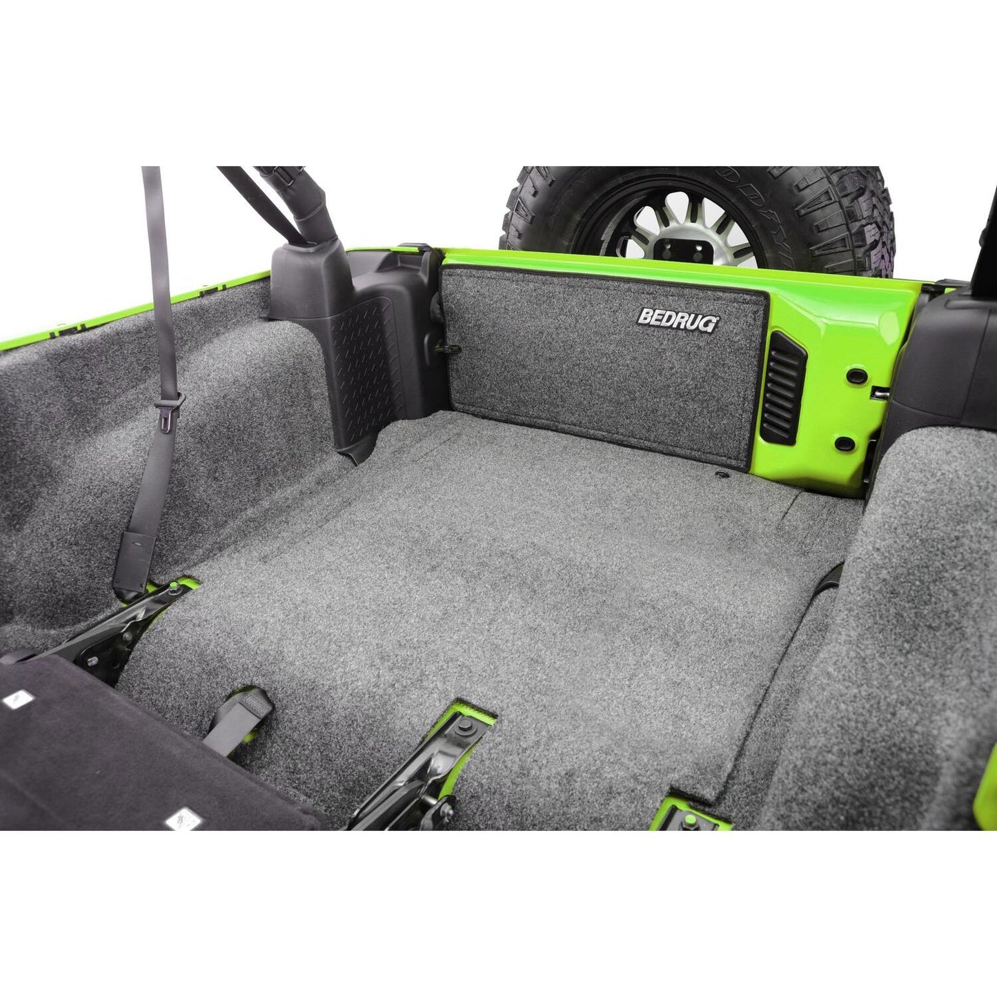 BedRug Jeep 07-10 JK Unltd 4Dr RR 5Pc Cargo Kit - Charcoal installed in Jeep cargo area.