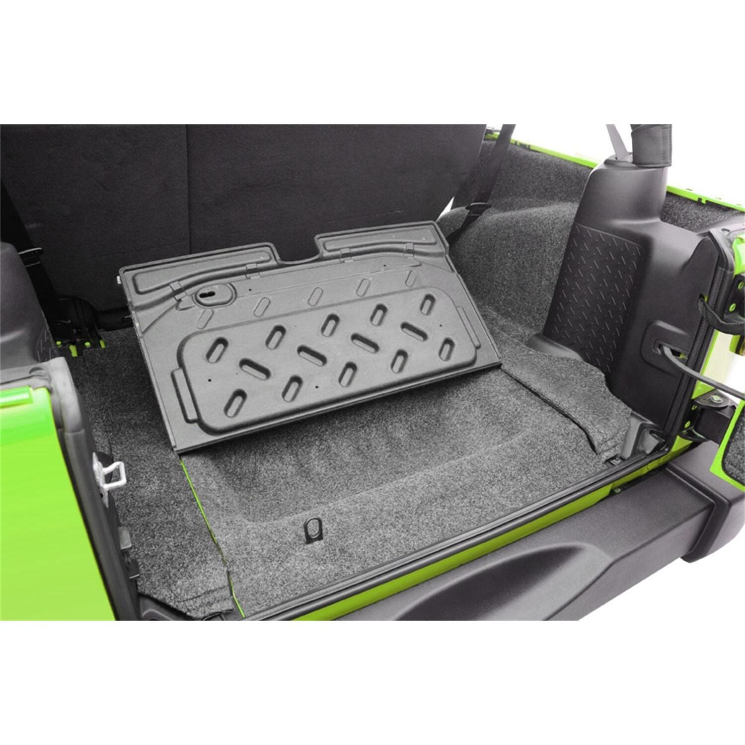 BedRug Jeep 11-18 Jeep JK 2Dr Rear 5Pc Cargo Kit - Charcoal (Includes Tailgate & Tub Liner) installed in a Jeep.