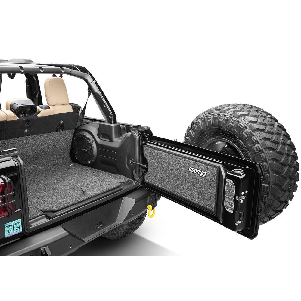 BedRug 2018-2026 Jeep Wrangler 2 Door Bed Liner - Charcoal (BRJL18R2) installed in trunk of Jeep Wrangler.