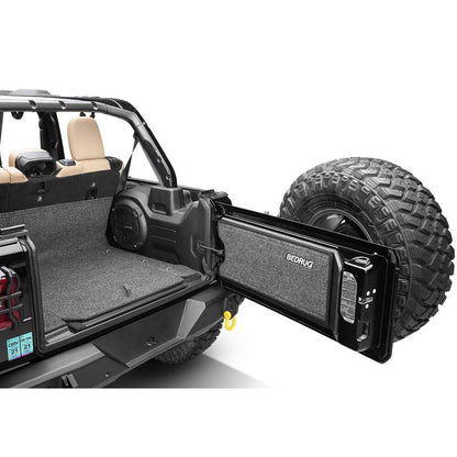 BedRug 2018-2026 Jeep Wrangler 2 Door Bed Liner - Charcoal (BRJL18R2) installed in trunk of Jeep Wrangler.