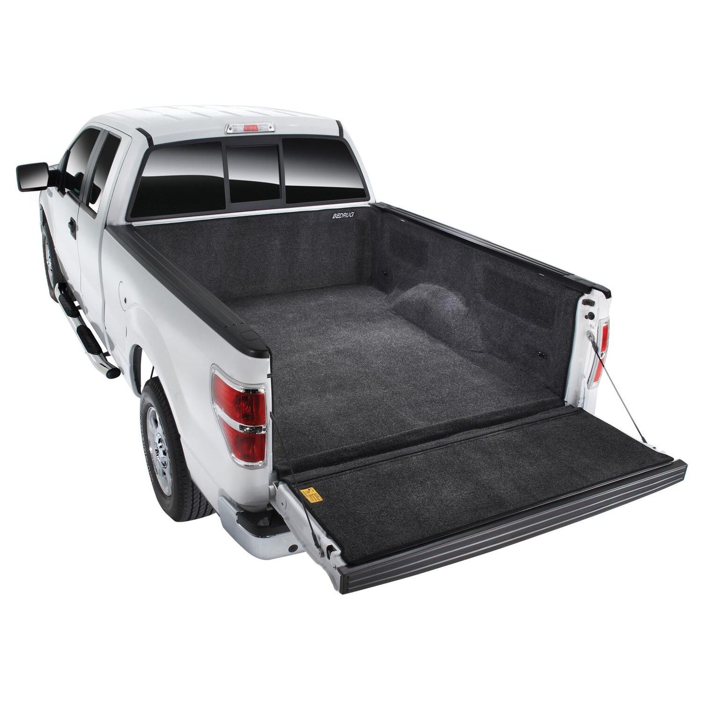 BedRug 08-16 Ford Super Duty 8.0' Long Bed w/ Factory Step Gate w/Tailgate Step Bed Liner w/ Tailgate Mat - Charcoal (BRQ08LBSGK) installed in truck bed.