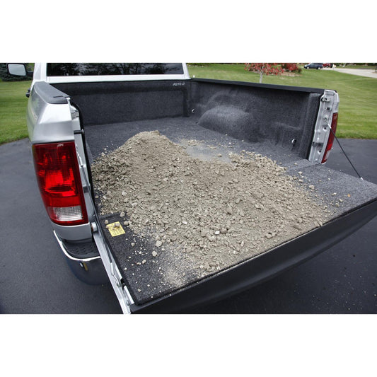 BedRug 09-18 - Charcoal (19-23 Classic) Dodge Ram 5'7" Bed w/ Rambox w/Bed Rail Storage Bed Liner w/ Tailgate Mat with dirt.