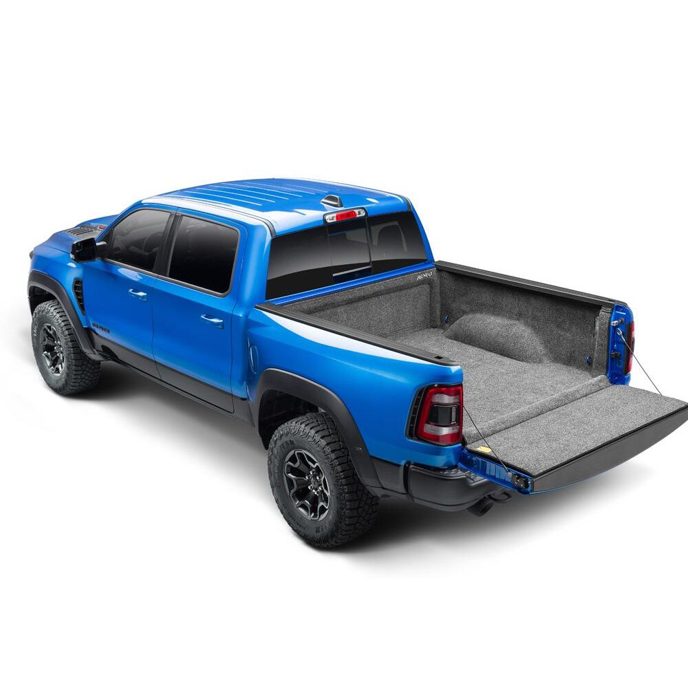 BedRug 2019-2025 Ram 1500 6'4" Bed Liner w/ Tailgate Mat w/o RamBox w/o Multifunction Tailgate - Charcoal (BRT19SBK) installed in blue Ram truck.