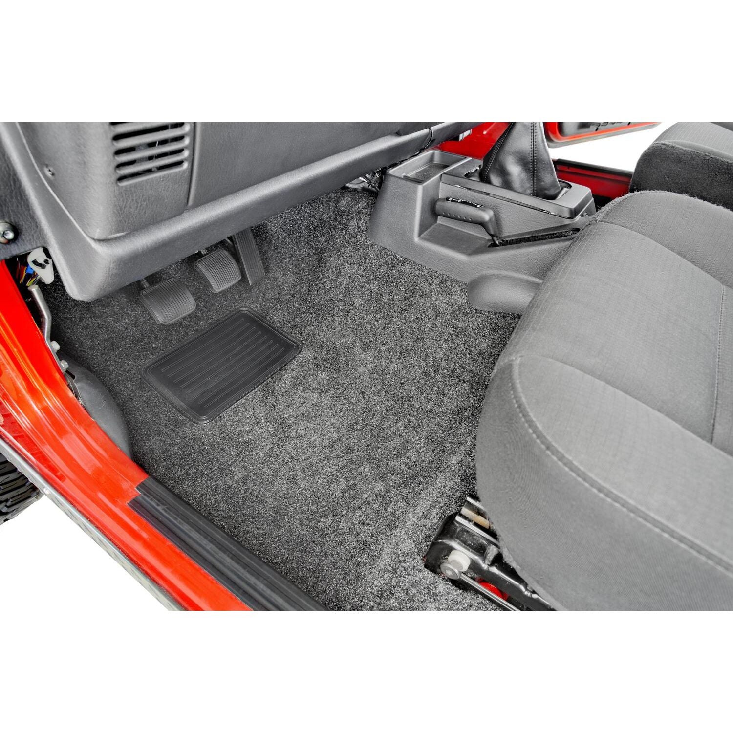 BedRug Jeep 97-06 Jeep Tj/Lj Front 3Pc Floor Kit - Charcoal (W Cntr Cnsl) - HT Shlds Floor Liner Kit installed in Jeep.