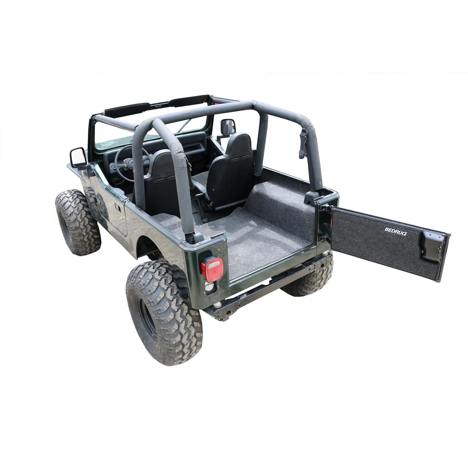 BedRug Jeep 87-95 Jeep YJ Rear Kit 4 PC Cargo Kit - Charcoal (Inc Tlgte & Cargo Liner) Cargo Kit installed in Jeep.