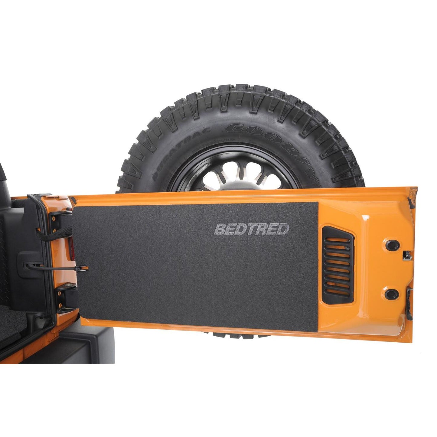 BedRug Jeep Tailgate Bedtred 76-86 Jeep CJ Tailgate Mat - Charcoal (BTCJTG) installed on Jeep tailgate.