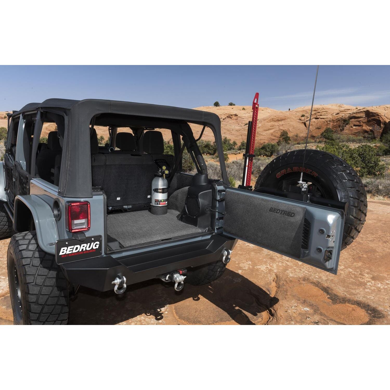 BedRug Jeep Bedtred 07-10 JK Unltd 4Dr RR 5Pc Cargo Kit Rear Kit Incl. Drivers Wheel Well/ Passengers Wheel Well/ Rear Cargo Floor/ Tailgate And Tub Liner Bed Liner - Charcoal (BTJK07R4) in Jeep trunk.