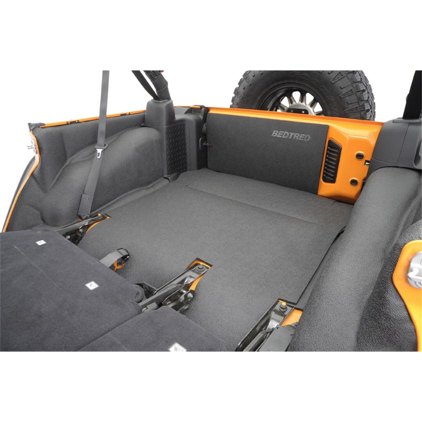 BedRug Jeep Bedtred 11-18 JK 2Dr Rear 5Pc Cargo Kit Rear Kit Incl. Drivers Wheel Well/ Passengers Wheel Well/ Rear Cargo Floor/ Tailgate And Tub Liner Bed Liner - Charcoal (BTJK11R2) installed in Jeep