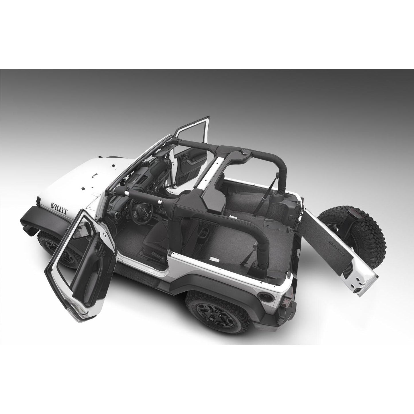 BedRug Jeep Bedtred 11-18 JK 2Dr Rear 5Pc Cargo Kit Rear Kit Incl. Drivers Wheel Well/ Passengers Wheel Well/ Rear Cargo Floor/ Tailgate And Tub Liner Bed Liner - Charcoal (BTJK11R2) installed in Jeep.