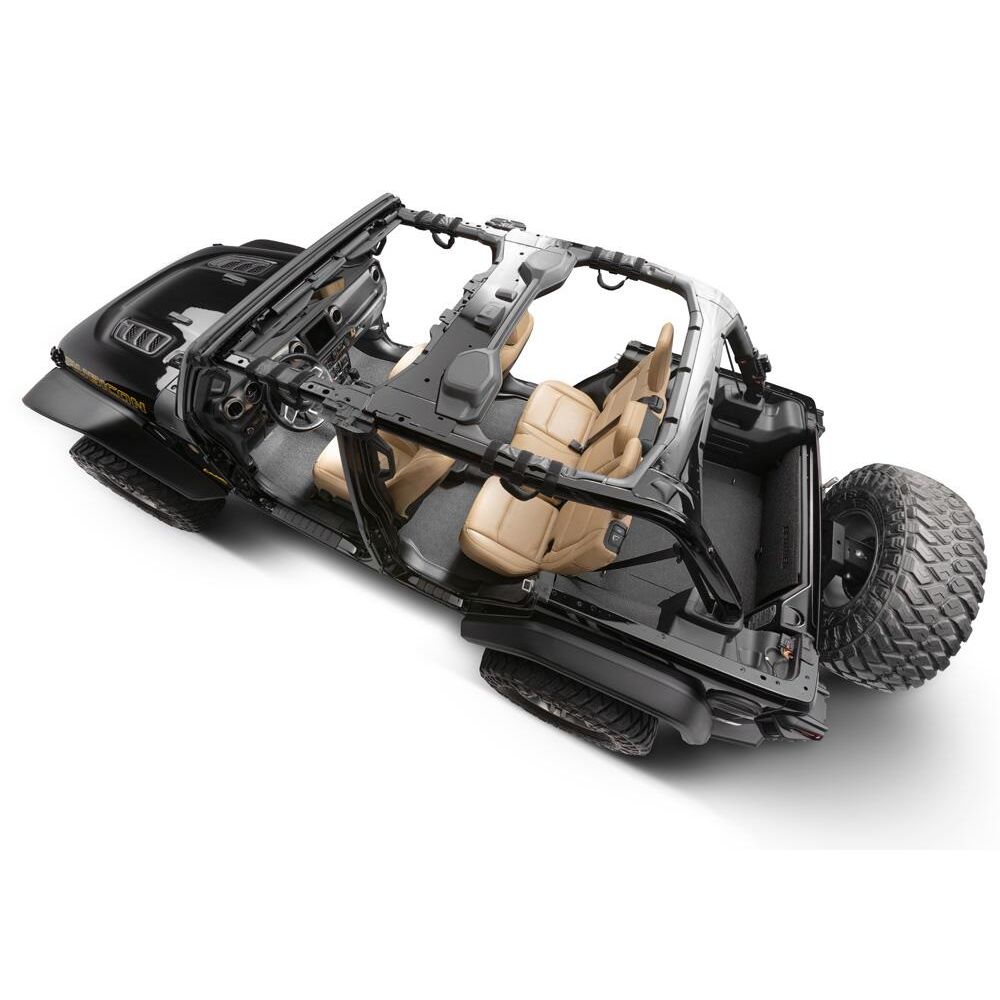 BedRug 2018-2026 Jeep Wrangler 4 Door Bed Liner - Charcoal (BTJL18R4GH) installed in Jeep interior with open top.