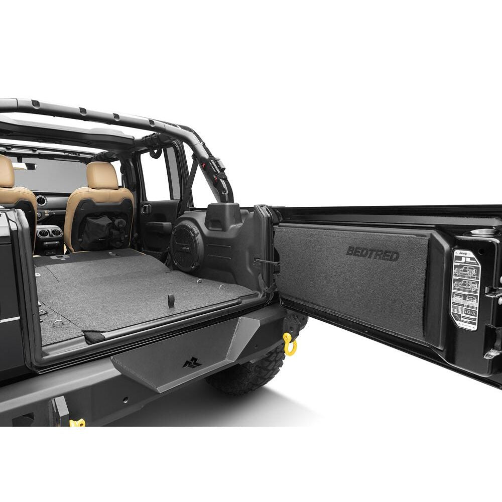 BedRug 2018-2026 Jeep Wrangler 4 Door Bed Liner - Charcoal (BTJL18R4GH) installed in vehicle interior.