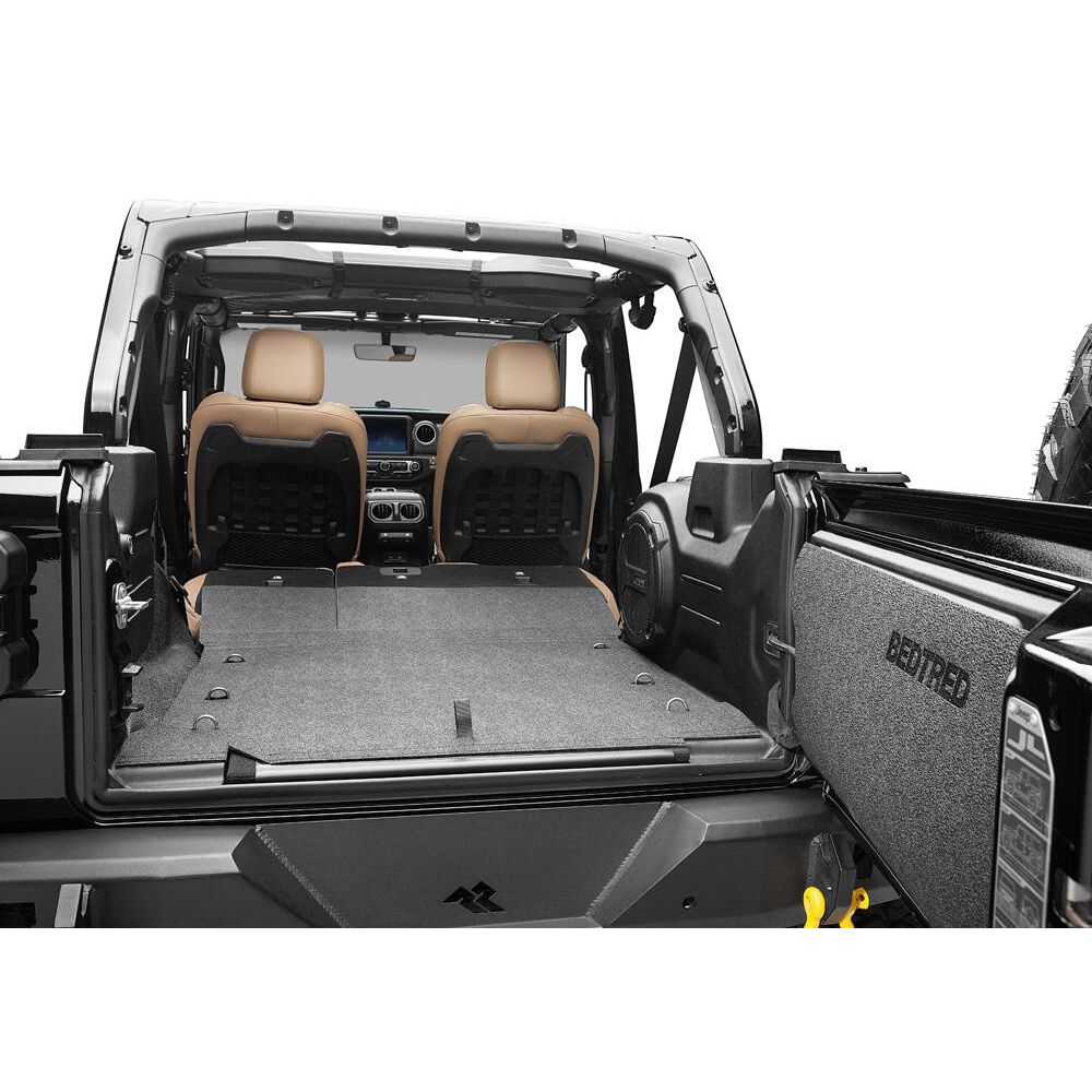 BedRug 2018-2026 Jeep Wrangler 4 Door Bed Liner - Charcoal (BTJL18R4) installed in Jeep interior.